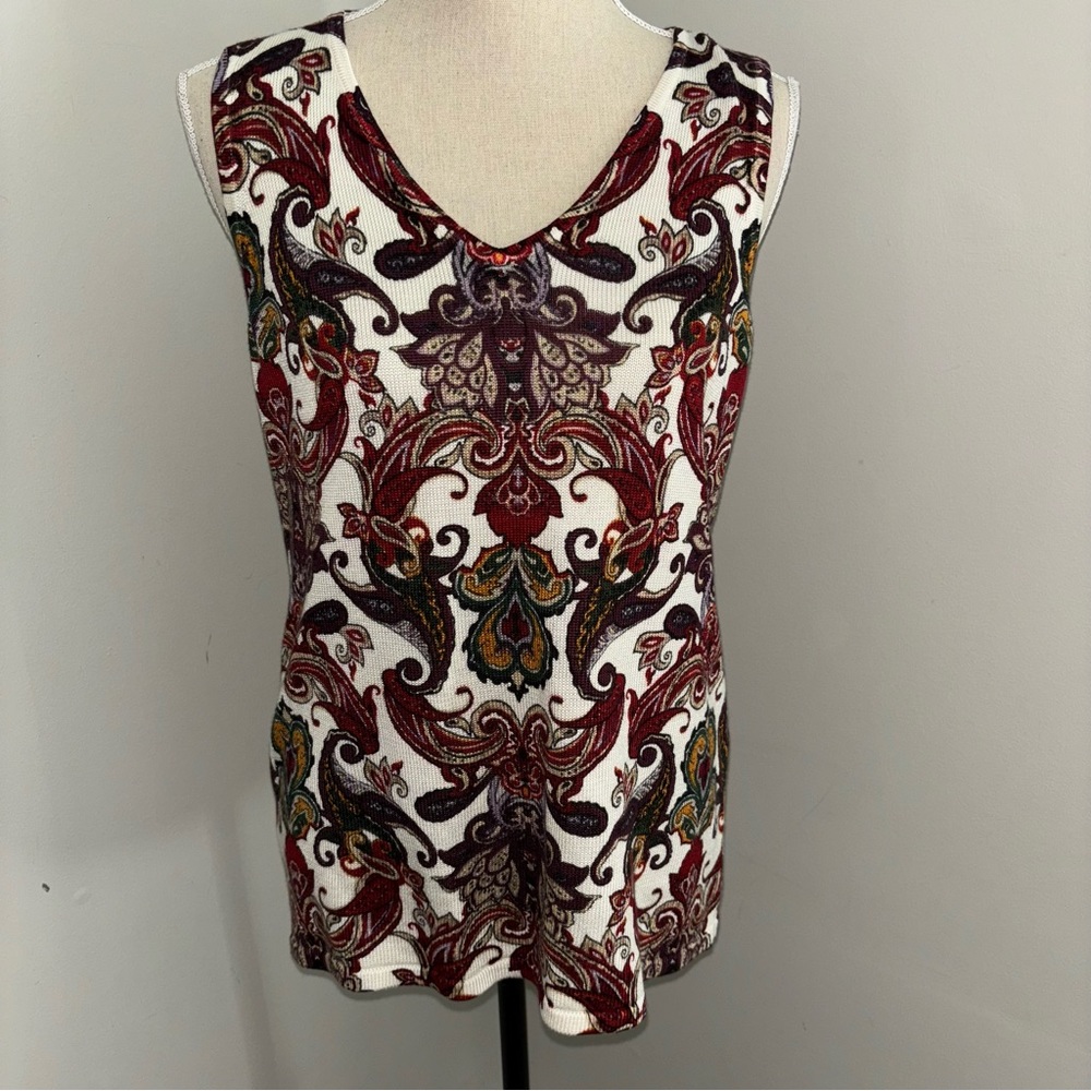 Chico’s Paisley Sweater Tank cream burgundy floral scroll print size 1 Medium 8